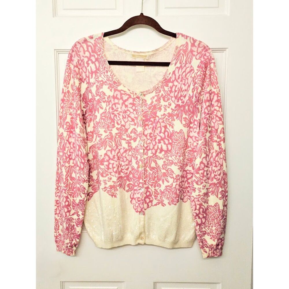 Michael Kors Christina Cardigan Sweater, Pink Floral Sequin Trim, Size Large